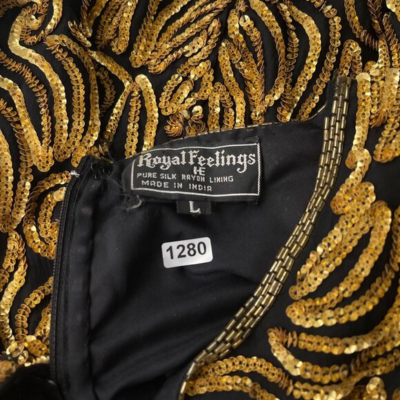 Vintage Royal Feelings Gold Beaded Sequin Blouse Silk Blend Short Sleeve Women L - Picture 6 of 10